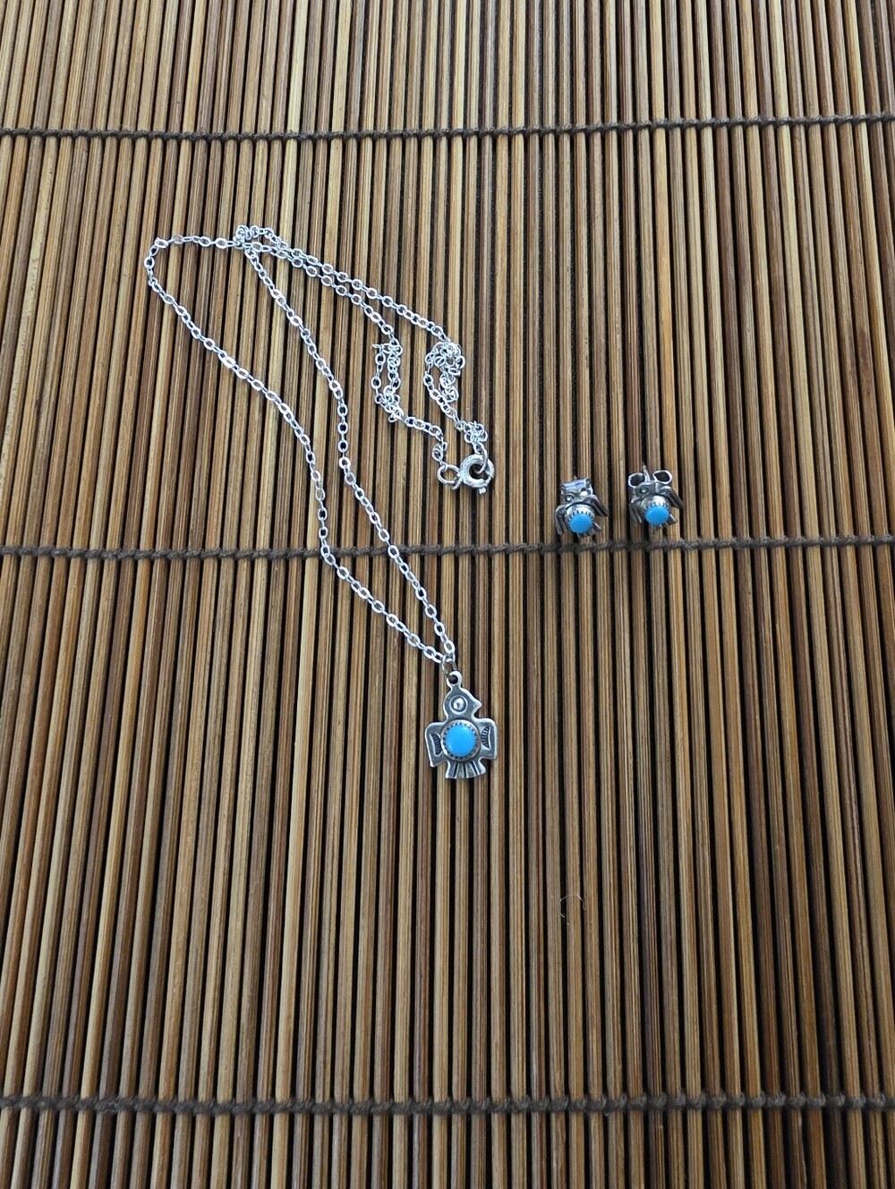 Sterling Silver Native Turquoise Thunderbird Necklace, Earrings Set (Vintage)